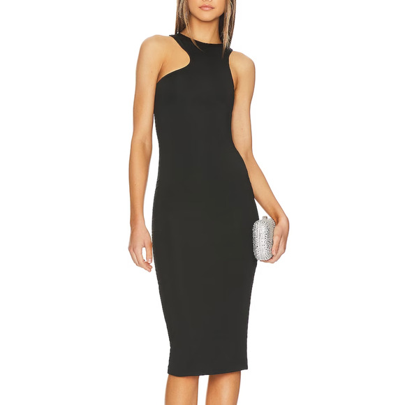 Superdown Black Midi Dress SMALL Bodycon Asymmetrical Sleeveless Revolve $72 NEW - Picture 1 of 9